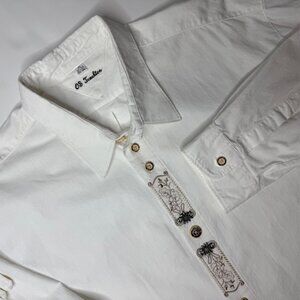 OS Trachten Mens Bavarian Oktoberfest Shirt White Embroidered Embellished Cotton